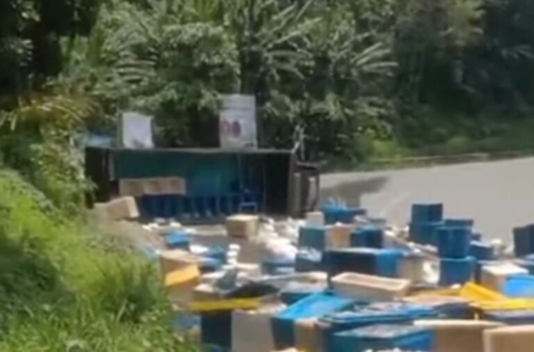 Viral di Medsos, Udang Berserakan Ketika Truk Hino Terguling di Tanjakan Baeud Sukabumi