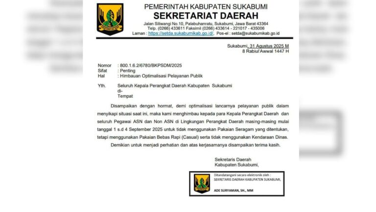 ASN Sukabumi Diminta Kenakan Pakaian Bebas Rapi, Kendaraan Dinas Dilarang Dipakai Sementara