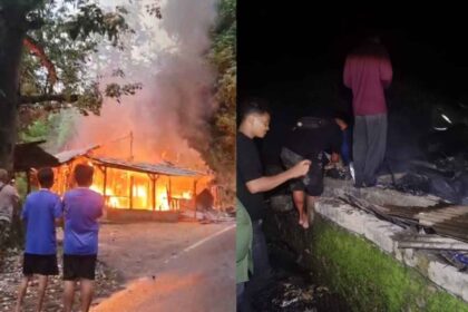Kebakaran meludeskan warung bensin eceran milik pasutri lansia di pinggir jalan raya ruas Loji-Kiaradua, Desa Loji, Kecamatan Simpenan, Kabupaten Sukabumi, Selasa (2/12/2025) sore. | Foto: Ist