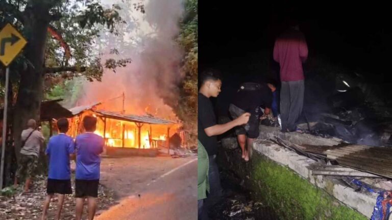 Kebakaran meludeskan warung bensin eceran milik pasutri lansia di pinggir jalan raya ruas Loji-Kiaradua, Desa Loji, Kecamatan Simpenan, Kabupaten Sukabumi, Selasa (2/12/2025) sore. | Foto: Ist