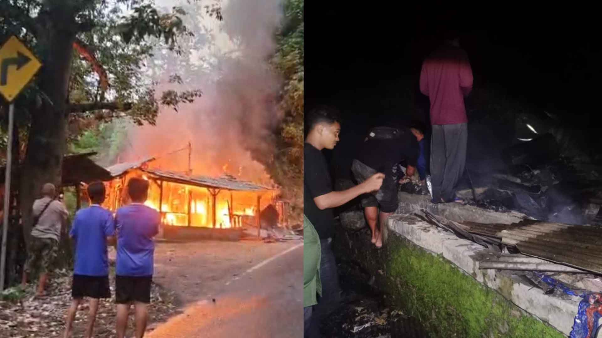 Kebakaran meludeskan warung bensin eceran milik pasutri lansia di pinggir jalan raya ruas Loji-Kiaradua, Desa Loji, Kecamatan Simpenan, Kabupaten Sukabumi, Selasa (2/12/2025) sore. | Foto: Ist