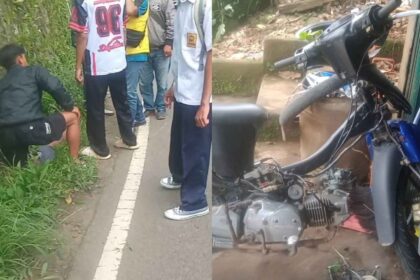 Warga saat mengevakuasi pemotor yang terjatuh hingga masuk parit di Simpenan Sukabumi. | Foto: Ist