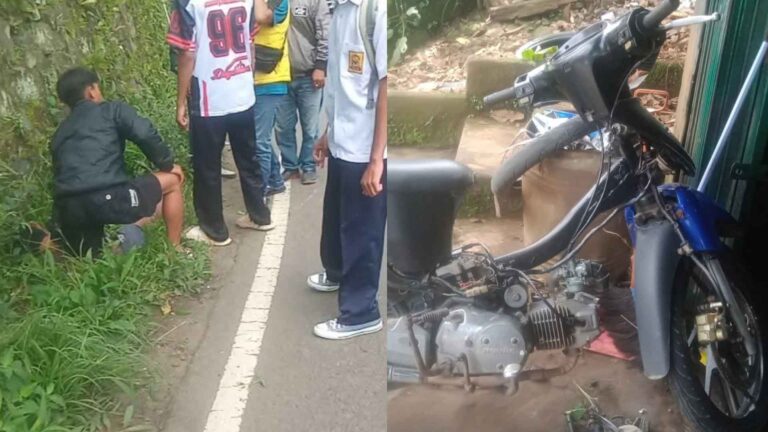 Warga saat mengevakuasi pemotor yang terjatuh hingga masuk parit di Simpenan Sukabumi. | Foto: Ist