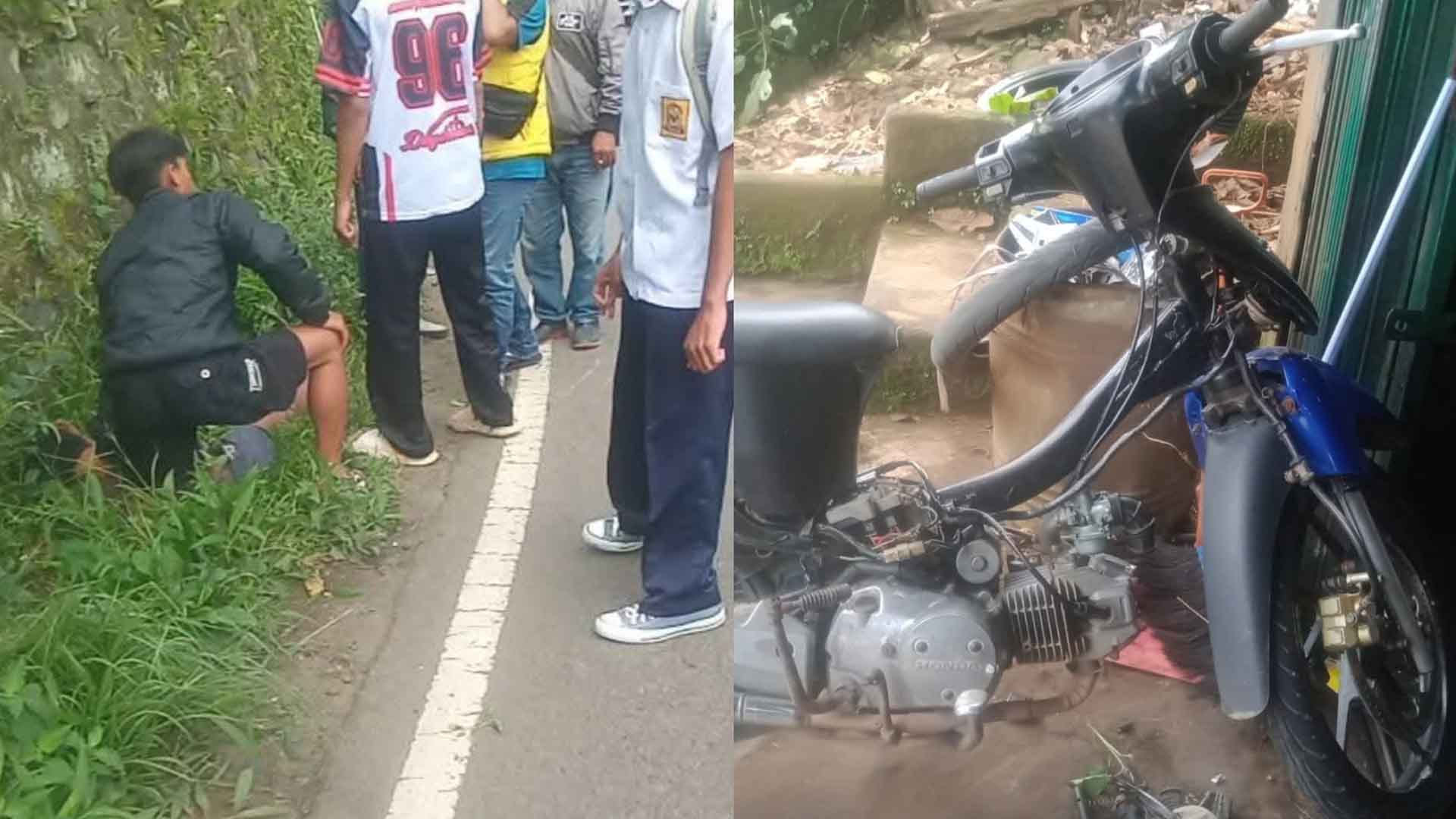 Warga saat mengevakuasi pemotor yang terjatuh hingga masuk parit di Simpenan Sukabumi. | Foto: Ist