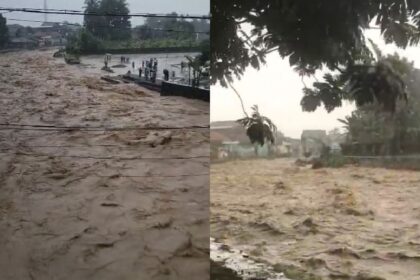 Debit air sungai Cisolok tinggi akibat hujan deras yang terjadi pada hari Kamis (4/12/2025). | Foto: Ist