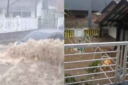 Kiri: Jalan Selabintana viral usai banjir layaknya sungai. Kanan: Banjir rendam rumah warga di Kecamatan Sukabumi, Jumat (5/12/2025). | Foto: Ist