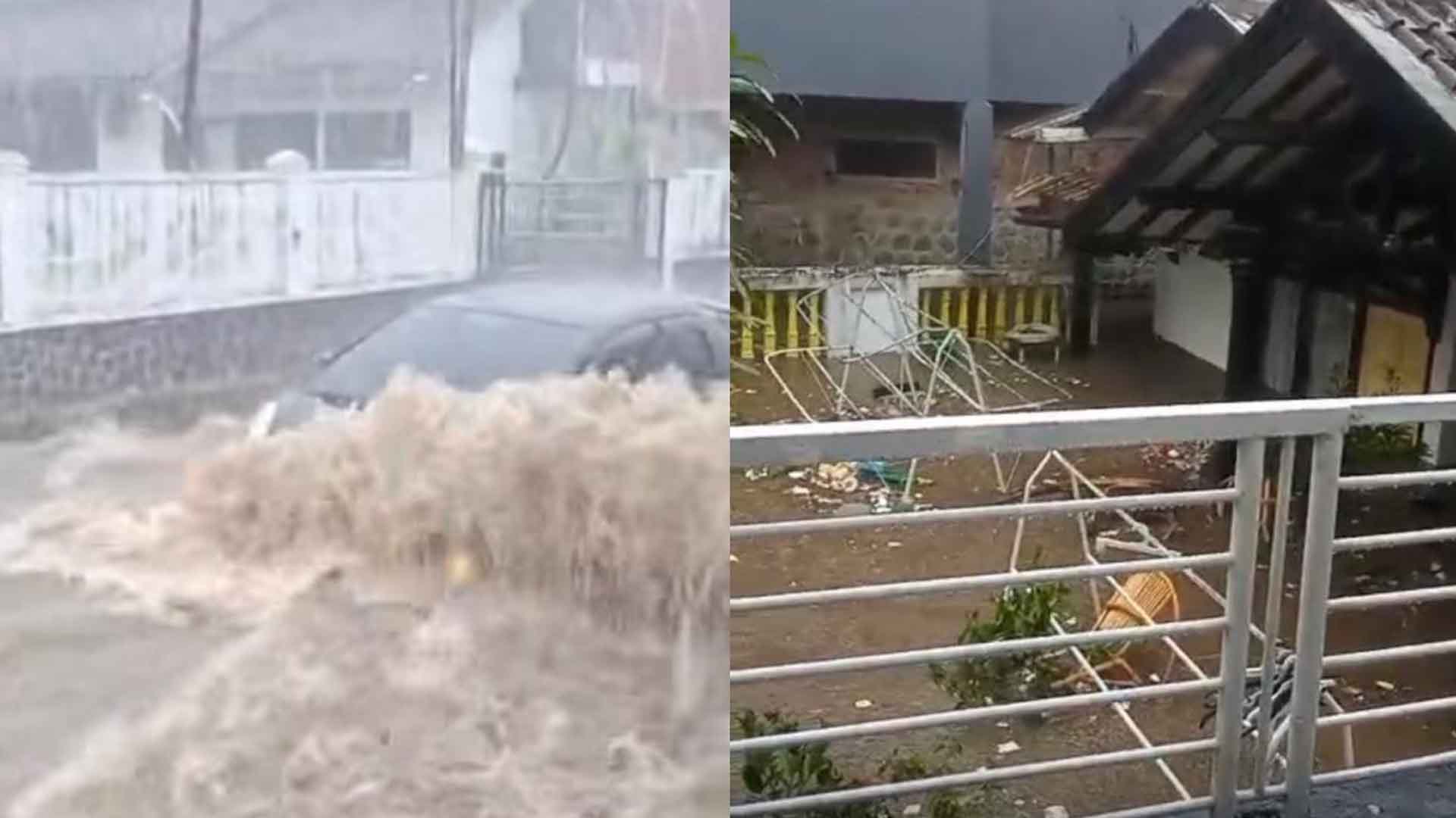 Kiri: Jalan Selabintana viral usai banjir layaknya sungai. Kanan: Banjir rendam rumah warga di Kecamatan Sukabumi, Jumat (5/12/2025). | Foto: Ist