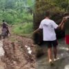 Kondisi akses jalan rusak di Desa Bangbayang, Kecamatan Tegalbuleud, Kabupaten Sukabumi. Warga terpaksa menandu seorang ibu pascamelahirkan sejauh sekitar 4 kilometer. | Foto: Ist