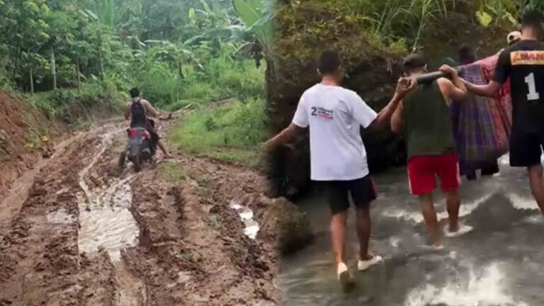Kondisi akses jalan rusak di Desa Bangbayang, Kecamatan Tegalbuleud, Kabupaten Sukabumi. Warga terpaksa menandu seorang ibu pascamelahirkan sejauh sekitar 4 kilometer. | Foto: Ist