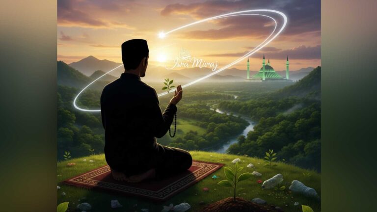 Ilustrasi peringatan Isra Mikraj yang merefleksikan pesan kepedulian terhadap alam dan kelestarian lingkungan.