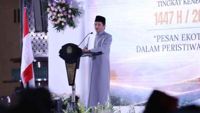 Menteri Agama Nasaruddin Umar saat memberikan sambutan pada Peringatan Isra Mikraj Tingkat Kenegaraan yang digelar di Masjid Istiqlal, Jakarta, Kamis malam (15/1/2026). | Foto: Kemenag