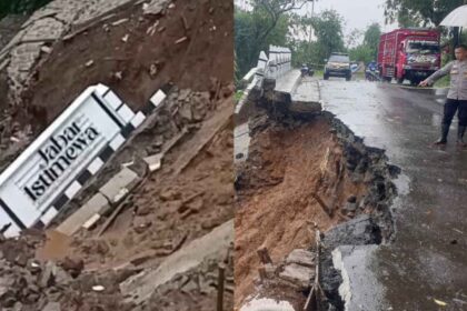 TPT bertuliskan Jabar Istimewa di Nyalindung Sukabumi ambruk diterjang tanah longsor pada Minggu (11/1/2026). | Foto: Ist