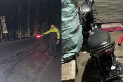 Kondisi jalan di TKP kecelakaan dan kondisi motor korban yang MD usai terjatuh karena menghindari jalan berlubang di Cikakak Sukabumi. | Foto: Ist