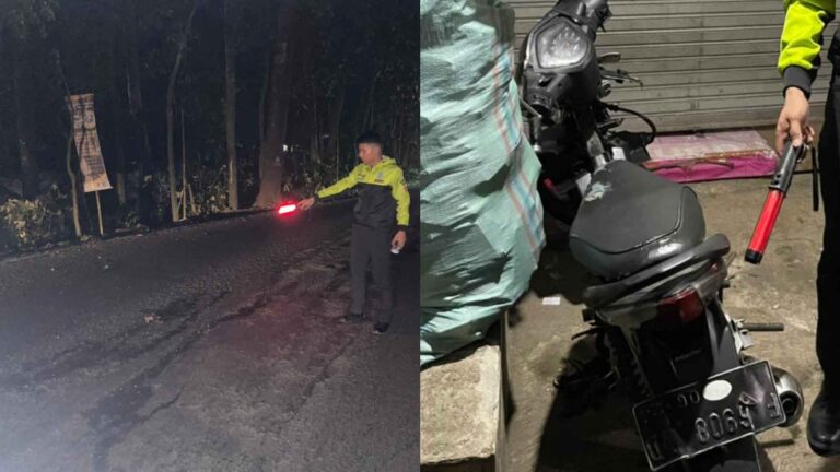 Kondisi jalan di TKP kecelakaan dan kondisi motor korban yang MD usai terjatuh karena menghindari jalan berlubang di Cikakak Sukabumi. | Foto: Ist