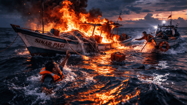 Perahu Nelayan Terbakar di Perairan Pangumbahan Sukabumi, Satu Orang Selamat