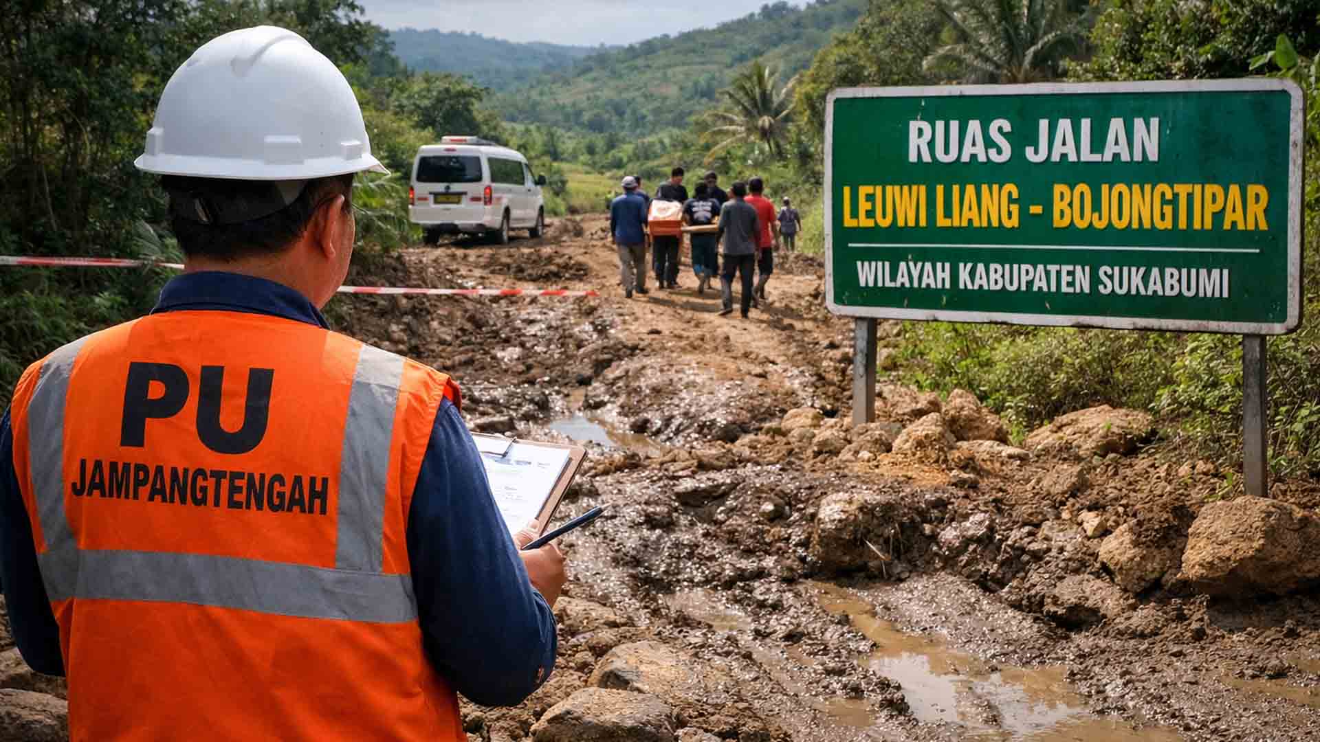 UPTD PU Jampangtengah Sukabumi pastikan perbaikan Ruas Leuwi Liang–Bojongtipar sudah diusulkan. Sebelumnya ruas jalan Kabupaten yang mengalami kerusakan itu viral karena menghambat akses ambulans. | Foto: Ilustrasi/AI