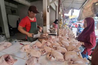 Suasana di kios daging ayam potong pasar Cisaat, Kabupaten Sukabumi. | Foto: Ans
