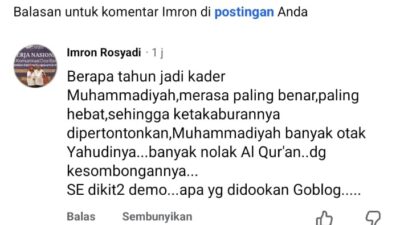 Unggahan komentar yang dilaporkan karena bernada ujaran kebencian kepada Muhammadiyah.