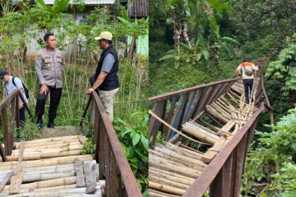 Kepala Disperkim Kabupaten Sukabumi Sendi Apriandi bersama Wakapolres saat meninjau jembatan melintir di Cibadak. | Foto: Dok. Disperkim