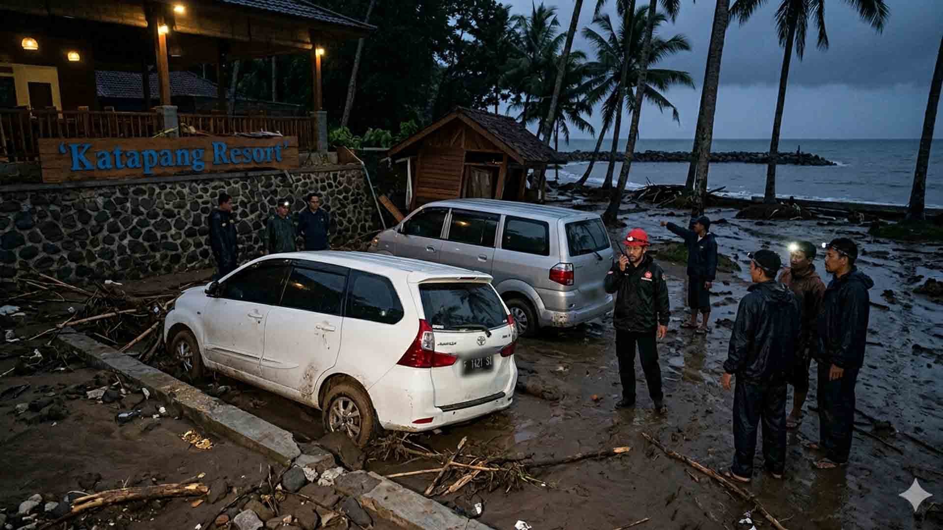 Banjir di Cikembang Cisolok mengakibatkan tiga unit mobil pengunjung resort terseret arus, 1 hilang.