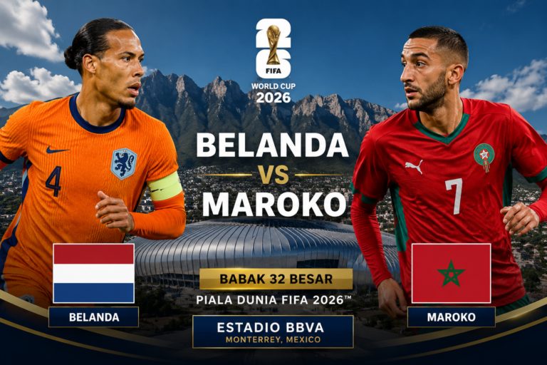 Belanda vs Maroko pada pertandingan babak 32 besar Piala Dunia FIFA 2026 di Monterrey
