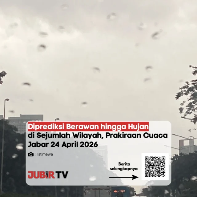 Prakiraan cuaca di Jawa Barat pada 24 April 2026 didominasi kondisi berawan hingga berpotensi hujan 🌥️🌧️

Memasuki siang hingga sore hari, hujan ringan sampai sedang diperkirakan turun di sejumlah wilayah. Kondisi ini masih dipengaruhi masa peralihan musim yang membuat cuaca cenderung berubah-ubah. 

Warga diimbau tetap waspada, terutama saat beraktivitas di luar ruangan, karena hujan bisa datang tiba-tiba di beberapa daerah.

Siapkan perlengkapan seperti payung atau jas hujan sebelum beraktivitas.

📌 𝐈𝐧𝐟𝐨 𝐥𝐞𝐧𝐠𝐤𝐚𝐩𝐧𝐲𝐚 𝐜𝐞𝐤 𝐝𝐢 𝐬𝐭𝐨𝐫𝐲 & 𝐬𝐨𝐫𝐨𝐭𝐚𝐧

#jubirtv #jubirtvnewscom #jawabarat #cuaca #prakiraancuaca #hujan #infocuaca #bmkg #beritaterkini