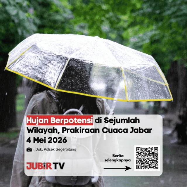 Prakiraan cuaca Jawa Barat pada 4 Mei 2026 menunjukkan potensi hujan di sejumlah wilayah, termasuk Sukabumi.

Pagi hari cenderung berawan, namun siang hingga sore berpotensi hujan dengan intensitas ringan hingga lebat, bahkan bisa disertai petir. 

Masyarakat diimbau tetap waspada saat beraktivitas di luar, terutama terhadap jalan licin dan potensi cuaca ekstrem.

Menurut kamu, cuaca seperti ini cukup mengganggu aktivitas harian atau masih aman?

📌 𝐈𝐧𝐟𝐨 𝐥𝐞𝐧𝐠𝐤𝐚𝐩𝐧𝐲𝐚 𝐜𝐞𝐤 𝐝𝐢 𝐬𝐭𝐨𝐫𝐲 & 𝐬𝐨𝐫𝐨𝐭𝐚𝐧

#jubirtv #jubirtvnewscom #cuacajabar #sukabumi #prakiraancuaca #hujan #beritasukabumi #jawabarat