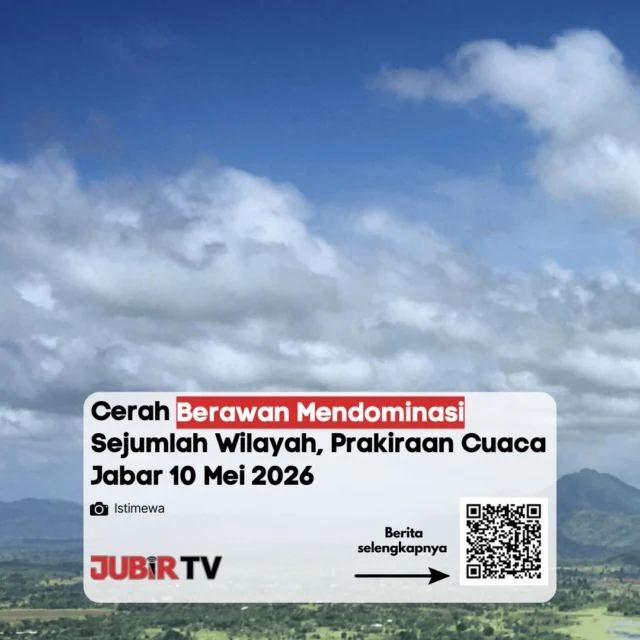 Cuaca di sejumlah wilayah Jawa Barat pada 10 Mei 2026 diprediksi didominasi kondisi cerah berawan sejak pagi hingga malam hari.

Meski begitu, beberapa daerah masih berpotensi mengalami hujan ringan pada siang atau sore hari, terutama di kawasan pegunungan dan selatan Jawa Barat. 

Masyarakat tetap diimbau menjaga kondisi tubuh karena perubahan cuaca belakangan cukup cepat terjadi.

Menurut kamu, cuaca sekarang makin sulit ditebak atau masih normal seperti biasanya?

📌 𝐈𝐧𝐟𝐨 𝐥𝐞𝐧𝐠𝐤𝐚𝐩𝐧𝐲𝐚 𝐜𝐞𝐤 𝐝𝐢 𝐬𝐭𝐨𝐫𝐲 & 𝐬𝐨𝐫𝐨𝐭𝐚𝐧

#jubirtv #jubirtvnewscom #cuacajabar #sukabumi #prakiraancuaca #cuaca #beritasukabumi #jawabarat