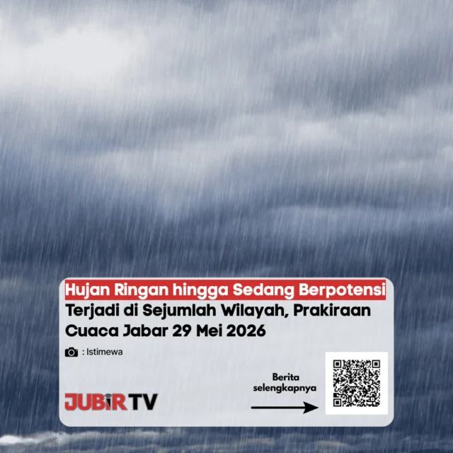 Prakiraan Cuaca Jabar: Waspada Hujan Ringan hingga Sedang Hari Ini 🌦️☔
BMKG memprediksi potensi hujan dengan intensitas ringan hingga sedang akan mengguyur sejumlah wilayah di Jawa Barat, Jumat (29/5/2026). Masyarakat diimbau untuk tetap waspada terhadap perubahan cuaca, terutama bagi Anda yang memiliki agenda kegiatan di luar ruangan hari ini.

Jangan lupa siapkan perlengkapan pelindung diri jika harus beraktivitas di bawah guyuran hujan. Tetap pantau informasi cuaca terkini agar perjalanan Anda tetap aman dan nyaman!

📌 𝐈𝐧𝐟𝐨 𝐥𝐞𝐧𝐠𝐤𝐚𝐩𝐧𝐲𝐚 𝐜𝐞𝐤 𝐝𝐢 𝐬𝐭𝐨𝐫𝐲 & 𝐬𝐨𝐫𝐨𝐭𝐚𝐧

#jubirtv #jubirtvnewscom #PrakiraanCuaca #BMKG #InfoJabar #CuacaJabar #Sukabumi #InfoCuaca #JumatBerkah
