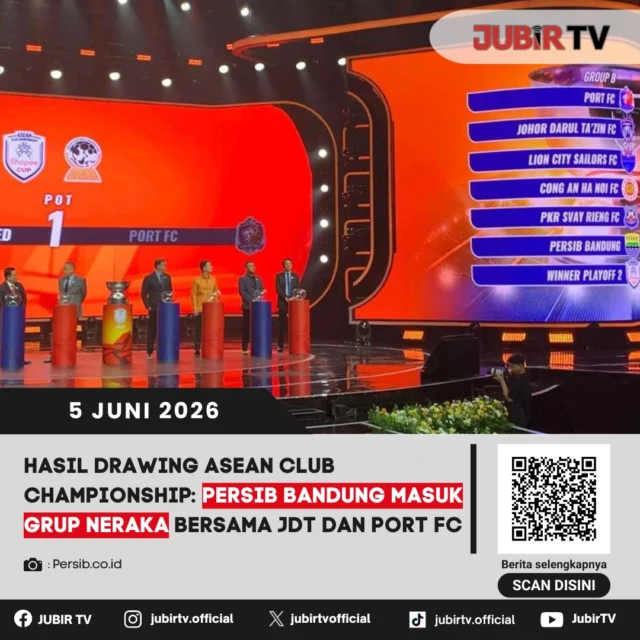 Hasil undian (drawing) ASEAN Club Championship 2026/2027 telah resmi dirilis, dan Persib Bandung dipastikan tergabung dalam grup yang sangat kompetitif atau yang sering disebut sebagai 'grup neraka'. Maung Bandung akan berhadapan dengan lawan-lawan tangguh, yakni raksasa Malaysia, Johor Darul Ta'zim (JDT), serta tim papan atas Thailand, Port FC. Keberadaan tim-tim besar ini membuat persaingan di fase grup diprediksi akan berlangsung sengit. Persib harus bekerja ekstra keras dan mempersiapkan strategi terbaik untuk dapat bersaing memperebutkan tiket ke babak selanjutnya di ajang bergengsi antar klub se-Asia Tenggara ini.

📌 𝐈𝐧𝐟𝐨 𝐥𝐞𝐧𝐠𝐤𝐚𝐩𝐧𝐲𝐚 𝐜𝐞𝐤 𝐝𝐢 𝐬𝐭𝐨𝐫𝐲 & 𝐬𝐨𝐫𝐨𝐭𝐚𝐧

#jubirtv #jubirtvnewscom #persib #persibbandung #aseanclubchampionship #jdt #portfc #liga1 #maungbandung #sepakbolaindonesia #beritaolahraga #grupneraka