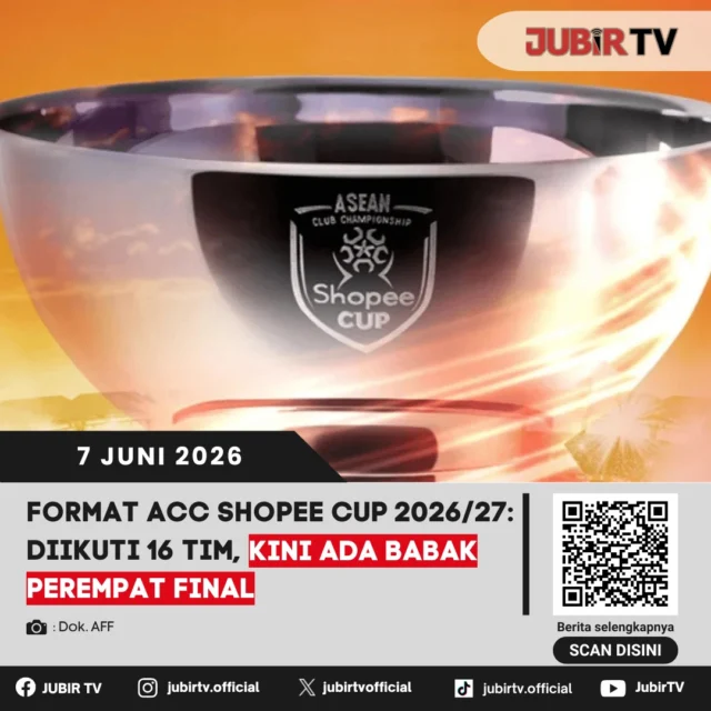 Ajang bergengsi ASEAN Club Championship (ACC) atau Shopee Cup musim 2026/2027 resmi mengumumkan perubahan format kompetisi yang lebih menantang. Musim ini, turnamen akan diikuti oleh 16 tim terbaik di Asia Tenggara yang akan bersaing lebih ketat dengan adanya penambahan format babak perempat final. Perubahan ini dilakukan untuk meningkatkan daya saing serta durasi kompetisi, memberikan kesempatan lebih luas bagi klub-klub peserta untuk menunjukkan kualitasnya di level regional. Dengan format baru ini, tensi pertandingan dipastikan akan meningkat, memberikan tontonan yang lebih seru bagi para pencinta sepak bola di kawasan ASEAN.

📌 𝐈𝐧𝐟𝐨 𝐥𝐞𝐧𝐠𝐤𝐚𝐩𝐧𝐲𝐚 𝐜𝐞𝐤 𝐝𝐢 𝐬𝐭𝐨𝐫𝐲 & 𝐬𝐨𝐫𝐨𝐭𝐚𝐧

#jubirtv #jubirtvnewscom #aseanclubchampionship #shopeecup #sepakbola #formatbaru #perempatfinal #klubasean #beritaolahraga #sepakbolaindonesia #persib