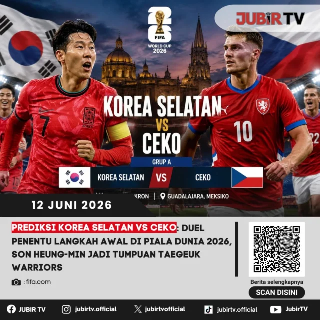 Korea Selatan akan menghadapi Republik Ceko dalam laga perdana Grup A Piala Dunia 2026. Taegeuk Warriors diprediksi mengandalkan pengalaman dan ketajaman Son Heung-min untuk meraih hasil positif dalam duel penting yang dapat menentukan langkah awal mereka di turnamen.

Di sisi lain, Republik Ceko dipastikan tidak akan mudah ditaklukkan. Dengan kekuatan kolektif dan disiplin permainan khas Eropa, pertandingan ini diprediksi berlangsung sengit dan menarik untuk disaksikan para pecinta sepak bola dunia.

📌 𝐈𝐧𝐟𝐨 𝐥𝐞𝐧𝐠𝐤𝐚𝐩𝐧𝐲𝐚 𝐜𝐞𝐤 𝐝𝐢 𝐬𝐭𝐨𝐫𝐲 & 𝐬𝐨𝐫𝐨𝐭𝐚𝐧

#jubirtv #jubirtvnewscom #pialadunia2026 #koreaselatan #ceko #sonheungmin #fifaworldcup #beritabola #sepakboladunia #grupa #timnaskoreaselatan #pialadunia