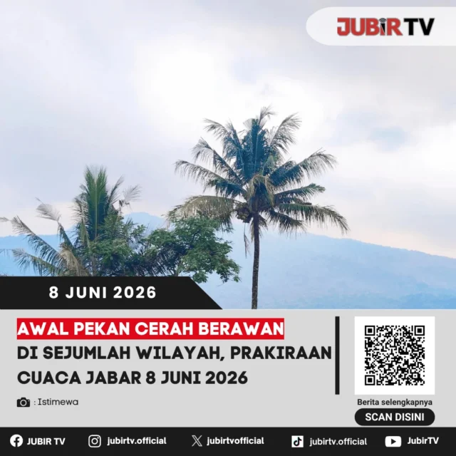 Mengawali pekan ini, Senin 8 Juni 2026, Badan Meteorologi, Klimatologi, dan Geofisika (BMKG) memprakirakan kondisi cuaca di wilayah Jawa Barat didominasi oleh cuaca cerah berawan hingga berawan. Kondisi cuaca yang stabil ini diharapkan dapat mendukung kelancaran aktivitas masyarakat yang memulai rutinitas mingguan mereka. Meski cuaca terpantau cukup bersahabat, masyarakat tetap diimbau untuk selalu memantau perkembangan informasi cuaca terkini melalui kanal resmi BMKG, terutama bagi mereka yang memiliki aktivitas padat di luar ruangan sepanjang hari ini.

📌 𝐈𝐧𝐟𝐨 𝐥𝐞𝐧𝐠𝐤𝐚𝐩𝐧𝐲𝐚 𝐜𝐞𝐤 𝐝𝐢 𝐬𝐭𝐨𝐫𝐲 & 𝐬𝐨𝐫𝐨𝐭𝐚𝐧

#jubirtv #jubirtvnewscom #prakiraancuaca #bmkg #jawabarat #infojabar #cuacahariini #cerahberawan #awalpekan #infocuaca #beritaterkini