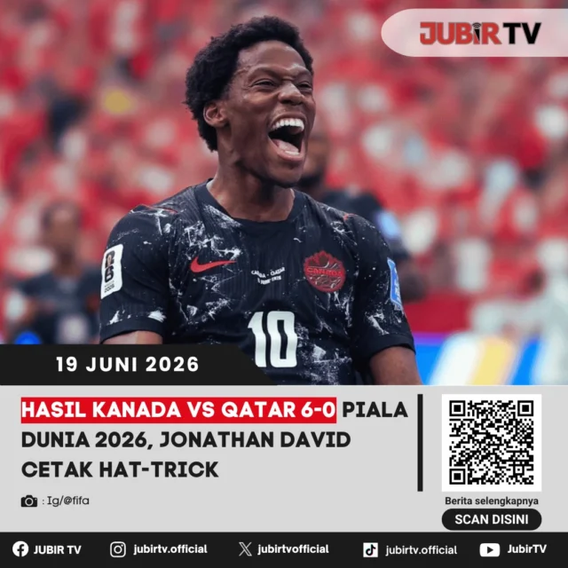Kanada tampil luar biasa dengan menghancurkan Qatar 6-0 pada laga Grup Piala Dunia 2026. Jonathan David menjadi bintang kemenangan setelah mencetak hat-trick dan memimpin pesta gol Les Rouges di hadapan pendukung sendiri.

Kemenangan telak ini menjadi sinyal kuat bahwa Kanada siap bersaing di turnamen terbesar dunia. Sementara itu, Qatar harus segera bangkit setelah mengalami kekalahan berat yang mempersulit langkah mereka di fase grup. Bagaimana jalannya pertandingan dan aksi gemilang Jonathan David?

📌 𝐈𝐧𝐟𝐨 𝐥𝐞𝐧𝐠𝐤𝐚𝐩𝐧𝐲𝐚 𝐜𝐞𝐤 𝐝𝐢 𝐬𝐭𝐨𝐫𝐲 & 𝐬𝐨𝐫𝐨𝐭𝐚𝐧

#jubirtv #jubirtvnewscom #pialadunia2026 #kanadavsqatar #kanada #qatar #jonathandavid #hattrick #fifaworldcup #hasilpertandingan #worldcup2026 #beritabola