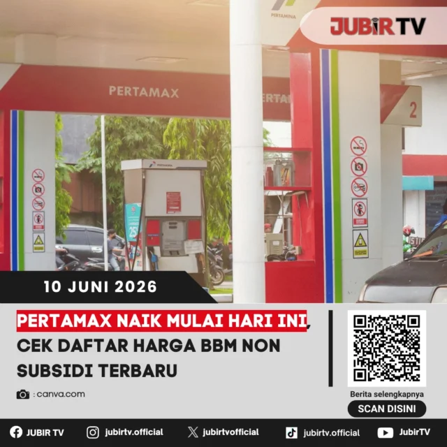 PT Pertamina (Persero) resmi melakukan penyesuaian harga Bahan Bakar Minyak (BBM) nonsubsidi, khususnya untuk jenis Pertamax dan Pertamax Green 95, mulai hari ini, Rabu (10/6/2026). Kenaikan ini dilakukan setelah melalui proses evaluasi berkala dan koordinasi dengan pemerintah sebagai regulator.

Pihak Pertamina memastikan bahwa stok dan distribusi BBM di seluruh SPBU tetap aman dan tersedia bagi masyarakat. Informasi harga di wilayah lainnya dapat diakses melalui aplikasi MyPertamina atau kanal resmi Pertamina.

📌 𝐈𝐧𝐟𝐨 𝐥𝐞𝐧𝐠𝐤𝐚𝐩𝐧𝐲𝐚 𝐜𝐞𝐤 𝐝𝐢 𝐬𝐭𝐨𝐫𝐲 & 𝐬𝐨𝐫𝐨𝐭𝐚𝐧

#jubirtv #jubirtvnewscom #infobbm #pertamina #pertamaxnaik #hargabbm #infosukabumi #beritaterkini