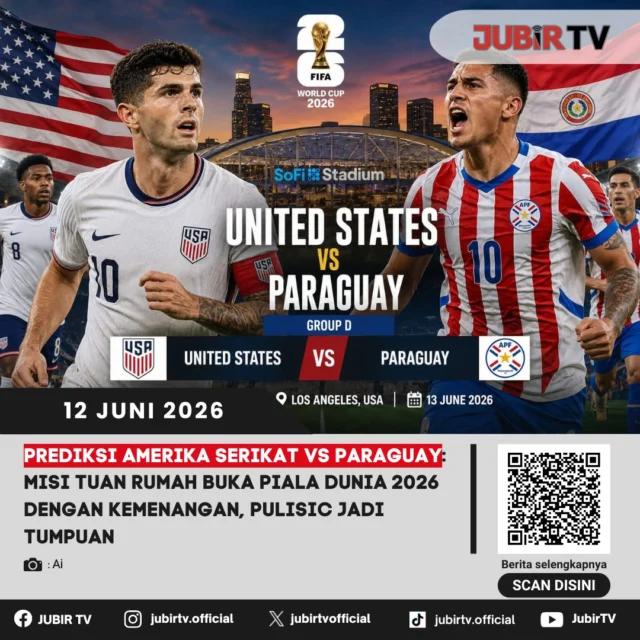 Amerika Serikat akan memulai perjuangannya di Piala Dunia 2026 dengan menghadapi Paraguay pada laga pembuka Grup D. Bermain di hadapan pendukung sendiri, skuad asuhan Mauricio Pochettino diprediksi mengandalkan kreativitas dan ketajaman Christian Pulisic untuk mengamankan tiga poin perdana.

Meski lebih diunggulkan, Paraguay tetap berpotensi memberikan kejutan lewat permainan disiplin dan semangat juang tinggi. Laga ini diprediksi berlangsung sengit karena hasil pertandingan bisa menjadi penentu langkah kedua tim dalam persaingan menuju babak gugur.

📌 𝐈𝐧𝐟𝐨 𝐥𝐞𝐧𝐠𝐤𝐚𝐩𝐧𝐲𝐚 𝐜𝐞𝐤 𝐝𝐢 𝐬𝐭𝐨𝐫𝐲 & 𝐬𝐨𝐫𝐨𝐭𝐚𝐧

#jubirtv #jubirtvnewscom #pialadunia2026 #amerikaserikat #paraguay #christianpulisic #fifaworldcup #beritabola #sepakboladunia #grupd #worldcup2026 #prediksibola