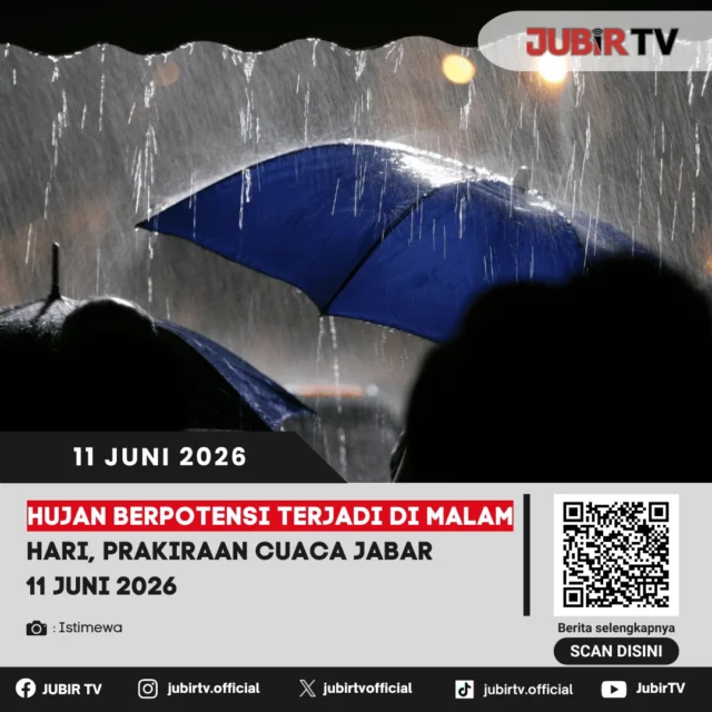 Badan Meteorologi, Klimatologi, dan Geofisika (BMKG) memprakirakan sejumlah wilayah di Jawa Barat berpotensi diguyur hujan hingga malam hari, Kamis (11/6/2026). Masyarakat diimbau tetap waspada, terutama bagi yang masih beraktivitas di luar ruangan pada sore hingga malam hari.

Selain hujan ringan hingga sedang, BMKG juga mengingatkan adanya potensi hujan yang disertai kilat atau petir di beberapa wilayah. Pastikan kondisi kendaraan tetap prima dan siapkan perlengkapan hujan saat bepergian.

📌 𝐈𝐧𝐟𝐨 𝐥𝐞𝐧𝐠𝐤𝐚𝐩𝐧𝐲𝐚 𝐜𝐞𝐤 𝐝𝐢 𝐬𝐭𝐨𝐫𝐲 & 𝐬𝐨𝐫𝐨𝐭𝐚𝐧

#jubirtv #jubirtvnewscom #cuacajabar #prakiraancuaca #bmkg #cuacahariini #jawabarat #hujan #infocuaca #beritajabar #cuacaterkini #waspadahujan