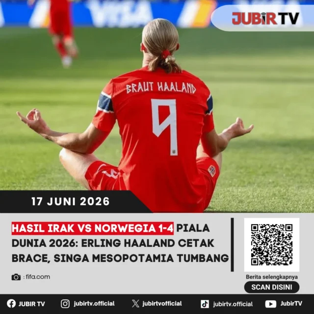 Erling Haaland tampil menggila dengan mencetak dua gol saat Norwegia membungkam Irak 4-1 pada laga perdana Grup I Piala Dunia 2026. Kemenangan ini membawa The Vikings mengawali turnamen dengan penuh percaya diri sekaligus memuncaki klasemen sementara grup.

Bagaimana jalannya pertandingan hingga Haaland sukses mencetak brace di debut Piala Dunianya?

📌 𝐈𝐧𝐟𝐨 𝐥𝐞𝐧𝐠𝐤𝐚𝐩𝐧𝐲𝐚 𝐜𝐞𝐤 𝐝𝐢 𝐬𝐭𝐨𝐫𝐲 & 𝐬𝐨𝐫𝐨𝐭𝐚𝐧

#jubirtv #jubirtvnewscom #pialadunia2026 #irakvsnorwegia #erlinghaaland #martinodegaard #thevikings #fifaworldcup #hasilpertandingan #worldcup2026 #beritabola #sepakboladunia