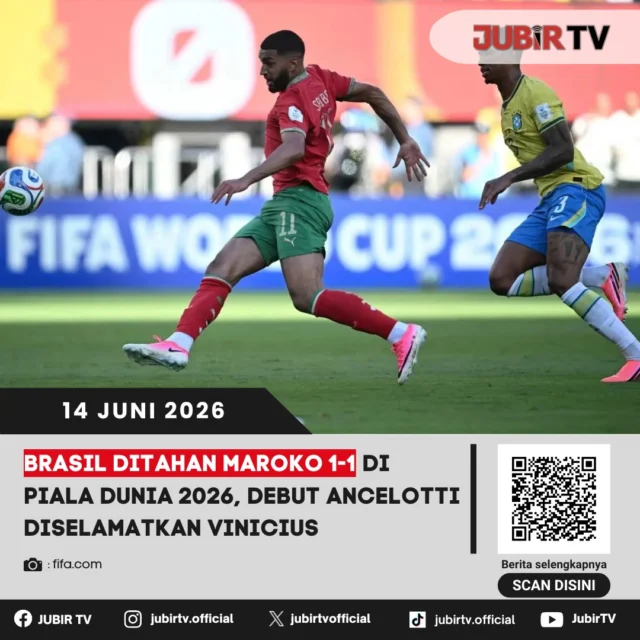 Brasil gagal meraih kemenangan pada laga perdana Grup C Piala Dunia 2026 setelah ditahan imbang Maroko 1-1. Selecao sempat tertinggal lebih dulu lewat gol Ismael Saibari, sebelum Vinicius Junior tampil sebagai penyelamat dengan mencetak gol penyeimbang yang menghindarkan tim asuhan Carlo Ancelotti dari kekalahan di debutnya sebagai pelatih Brasil di Piala Dunia.

Hasil ini menjadi alarm bagi Brasil yang masih harus membenahi performa jika ingin mewujudkan ambisi meraih gelar dunia keenam. Di sisi lain, Maroko kembali membuktikan diri sebagai salah satu kekuatan yang patut diperhitungkan setelah tampil disiplin dan merepotkan salah satu favorit juara.

📌 𝐈𝐧𝐟𝐨 𝐥𝐞𝐧𝐠𝐤𝐚𝐩𝐧𝐲𝐚 𝐜𝐞𝐤 𝐝𝐢 𝐬𝐭𝐨𝐫𝐲 & 𝐬𝐨𝐫𝐨𝐭𝐚𝐧

#jubirtv #jubirtvnewscom #pialadunia2026 #brasil #maroko #viniciusjr #achrafhakimi #fifaworldcup #hasilpertandingan #beritabola #sepakboladunia #worldcup2026