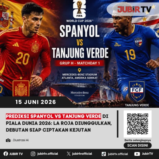 Spanyol akan memulai perjalanannya di Piala Dunia 2026 dengan menghadapi debutan Tanjung Verde pada laga perdana Grup H. La Furia Roja datang dengan status salah satu favorit juara berkat skuad bertabur bintang seperti Rodri, Pedri, hingga Mikel Oyarzabal. Tim asuhan Luis de la Fuente pun mengusung misi meraih kemenangan meyakinkan sebagai modal menghadapi persaingan di fase grup.

Di sisi lain, Tanjung Verde siap menciptakan kejutan pada penampilan perdana mereka di putaran final Piala Dunia. Meski tak diunggulkan, The Blue Sharks dipastikan tampil tanpa beban demi mengukir sejarah baru bagi negaranya. Namun secara kualitas dan pengalaman, Spanyol tetap difavoritkan untuk mengamankan tiga poin.

📌 𝐈𝐧𝐟𝐨 𝐥𝐞𝐧𝐠𝐤𝐚𝐩𝐧𝐲𝐚 𝐜𝐞𝐤 𝐝𝐢 𝐬𝐭𝐨𝐫𝐲 & 𝐬𝐨𝐫𝐨𝐭𝐚𝐧

#jubirtv #jubirtvnewscom #pialadunia2026 #spanyol #tanjungverde #lafuriaroja #pedri #rodri #mikeloyarzabal #fifaworldcup #prediksibola #worldcup2026
