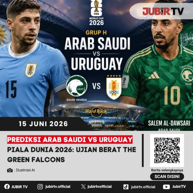 Arab Saudi menghadapi ujian berat saat berjumpa Uruguay pada laga perdana Grup H Piala Dunia 2026. The Green Falcons bertekad mengulang kejutan seperti saat menumbangkan Argentina pada edisi 2022, namun kali ini mereka harus menghadapi Uruguay yang diperkuat sederet pemain top seperti Federico Valverde, Darwin Núñez, dan Ronald Araújo.

Uruguay lebih diunggulkan berkat pengalaman serta kualitas skuad asuhan Marcelo Bielsa. Meski begitu, Arab Saudi dipastikan tidak akan bermain bertahan. Pelatih Georgios Donis menegaskan timnya akan tampil berani dan mengejar kemenangan demi menjaga peluang lolos ke fase gugur. Pertarungan ini diprediksi berlangsung ketat dengan Uruguay sedikit lebih difavoritkan meraih tiga poin.

📌 𝐈𝐧𝐟𝐨 𝐥𝐞𝐧𝐠𝐤𝐚𝐩𝐧𝐲𝐚 𝐜𝐞𝐤 𝐝𝐢 𝐬𝐭𝐨𝐫𝐲 & 𝐬𝐨𝐫𝐨𝐭𝐚𝐧

#jubirtv #jubirtvnewscom #pialadunia2026 #arabsaudi #uruguay #thegreenfalcons #darwinnunez #federicovalverde #salemaldawsari #fifaworldcup #prediksibola #worldcup2026
