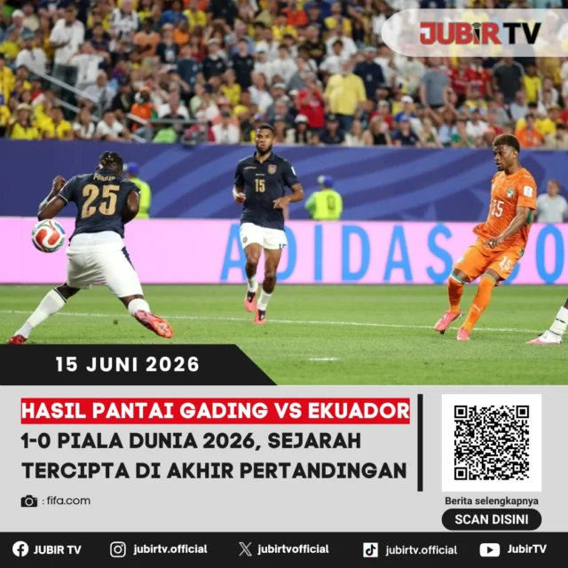 Pantai Gading meraih kemenangan dramatis 1-0 atas Ekuador pada laga perdana Grup E Piala Dunia 2026. Saat pertandingan tampak akan berakhir tanpa gol, Amad Diallo muncul sebagai pahlawan lewat gol di menit ke-90 usai memanfaatkan umpan Wilfried Singo untuk memastikan tiga poin bagi Les Éléphants.

Ekuador sebenarnya tampil dominan dan dua kali digagalkan tiang gawang. Namun, efektivitas Pantai Gading di momen krusial menjadi pembeda dalam laga yang berlangsung sengit hingga detik terakhir. Kemenangan ini membawa wakil Afrika tersebut menyamai perolehan poin Jerman di puncak klasemen Grup E.

📌 𝐈𝐧𝐟𝐨 𝐥𝐞𝐧𝐠𝐤𝐚𝐩𝐧𝐲𝐚 𝐜𝐞𝐤 𝐝𝐢 𝐬𝐭𝐨𝐫𝐲 & 𝐬𝐨𝐫𝐨𝐭𝐚𝐧

#jubirtv #jubirtvnewscom #pialadunia2026 #pantaigading #ekuador #amaddiallo #wilfriedsingo #ennervalencia #moisescaicedo #fifaworldcup #hasilpertandingan #worldcup2026