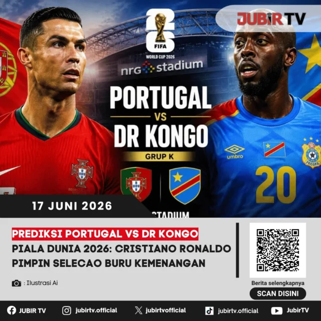 Portugal mengawali perjuangannya di Piala Dunia 2026 dengan menghadapi DR Kongo pada laga perdana Grup J. Dipimpin sang kapten Cristiano Ronaldo, Selecao das Quinas memburu kemenangan untuk membuka jalan menuju fase gugur.

Di atas kertas Portugal lebih diunggulkan berkat materi pemain yang sarat pengalaman. Namun, DR Kongo bertekad memberi kejutan dan membuktikan diri mampu bersaing di panggung terbesar sepak bola dunia. Mampukah Ronaldo membawa Portugal meraih tiga poin perdana?

📌 𝐈𝐧𝐟𝐨 𝐥𝐞𝐧𝐠𝐤𝐚𝐩𝐧𝐲𝐚 𝐜𝐞𝐤 𝐝𝐢 𝐬𝐭𝐨𝐫𝐲 & 𝐬𝐨𝐫𝐨𝐭𝐚𝐧

#jubirtv #jubirtvnewscom #pialadunia2026 #portugalvsdrkongo #portugal #drkongo #cristianoronaldo #selecao #fifaworldcup #prediksibola #worldcup2026 #beritabola