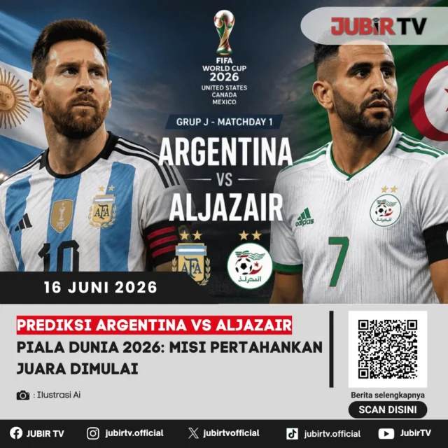 Misi mempertahankan gelar juara dunia dimulai. Argentina akan menghadapi Aljazair pada laga perdana Grup J Piala Dunia 2026, dengan Lionel Messi dan kawan-kawan memburu awal sempurna demi menjaga asa back-to-back juara. Namun, Aljazair bertekad menghadirkan kejutan di hadapan sang juara bertahan.

📌 𝐈𝐧𝐟𝐨 𝐥𝐞𝐧𝐠𝐤𝐚𝐩𝐧𝐲𝐚 𝐜𝐞𝐤 𝐝𝐢 𝐬𝐭𝐨𝐫𝐲 & 𝐬𝐨𝐫𝐨𝐭𝐚𝐧

#jubirtv #jubirtvnewscom #argentinavsaljazair #pialadunia2026 #argentina #lionelmessi #prediksibola #worldcup2026 #beritabola #sepakbola #fifaworldcup #timnasargentina
