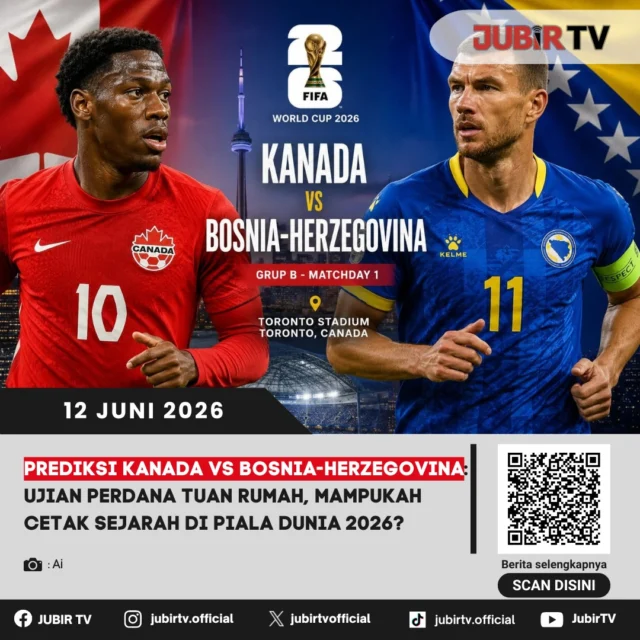 Kanada akan menjalani ujian perdana sebagai tuan rumah Piala Dunia 2026 saat menghadapi Bosnia dan Herzegovina di laga pembuka Grup B. Bermain di depan publik sendiri, Les Rouges bertekad mencatat kemenangan pertama mereka di ajang Piala Dunia dengan mengandalkan ketajaman Jonathan David di lini depan.

Di sisi lain, Bosnia dan Herzegovina datang dengan motivasi tinggi setelah sukses menembus putaran final untuk kedua kalinya dalam sejarah. Dipimpin striker veteran Edin Džeko, laga ini diprediksi berlangsung ketat karena kedua tim sama-sama mengincar modal penting untuk membuka peluang lolos ke fase gugur.

📌 𝐈𝐧𝐟𝐨 𝐥𝐞𝐧𝐠𝐤𝐚𝐩𝐧𝐲𝐚 𝐜𝐞𝐤 𝐝𝐢 𝐬𝐭𝐨𝐫𝐲 & 𝐬𝐨𝐫𝐨𝐭𝐚𝐧

#jubirtv #jubirtvnewscom #pialadunia2026 #kanada #bosniaherzegovina #jonathandavid #edindzeko #fifaworldcup #beritabola #sepakboladunia #prediksibola #worldcup2026