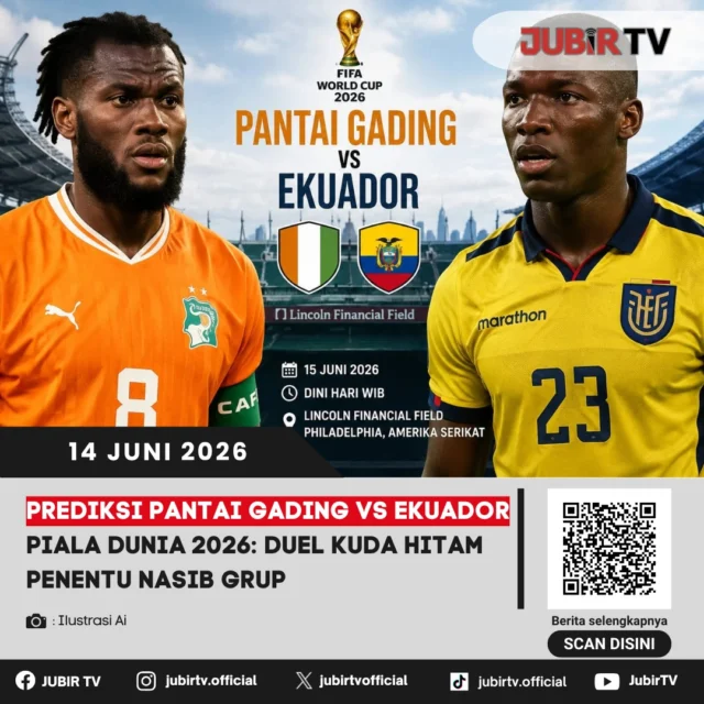 Pantai Gading dan Ekuador akan saling bentrok pada laga perdana Grup E Piala Dunia 2026 dalam duel yang diprediksi berlangsung sengit. Kedua tim sama-sama berstatus kuda hitam dengan pertahanan solid dan kualitas pemain yang mampu membuat kejutan di turnamen ini.

Pantai Gading diperkirakan mengandalkan pengalaman Franck Kessié serta kecepatan Simon Adingra di lini depan. Sementara Ekuador bertumpu pada energi Moisés Caicedo dan ketajaman Enner Valencia untuk mengamankan tiga poin penting. Hasil pertandingan ini diyakini akan sangat menentukan peluang kedua tim untuk melangkah ke fase gugur di tengah ketatnya persaingan Grup E.

📌 𝐈𝐧𝐟𝐨 𝐥𝐞𝐧𝐠𝐤𝐚𝐩𝐧𝐲𝐚 𝐜𝐞𝐤 𝐝𝐢 𝐬𝐭𝐨𝐫𝐲 & 𝐬𝐨𝐫𝐨𝐭𝐚𝐧

#jubirtv #jubirtvnewscom #pialadunia2026 #pantaigading #ekuador #franckkessie #moisescaicedo #fifaworldcup #prediksibola #beritabola #sepakboladunia #worldcup2026