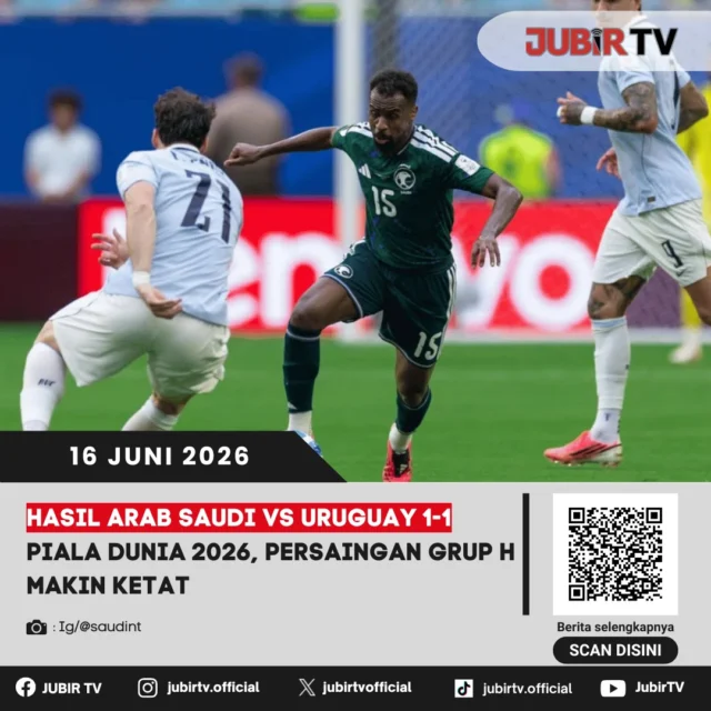 Arab Saudi sukses mencuri satu poin berharga usai menahan Uruguay 1-1 pada laga perdana Grup H Piala Dunia 2026. Hasil ini membuat persaingan di grup semakin terbuka, sekaligus menjaga asa The Green Falcons untuk melangkah ke fase berikutnya.

Bagaimana jalannya pertandingan hingga Arab Saudi mampu meredam kekuatan Uruguay?

📌 𝐈𝐧𝐟𝐨 𝐥𝐞𝐧𝐠𝐤𝐚𝐩𝐧𝐲𝐚 𝐜𝐞𝐤 𝐝𝐢 𝐬𝐭𝐨𝐫𝐲 & 𝐬𝐨𝐫𝐨𝐭𝐚𝐧

#jubirtv #jubirtvnewscom #pialadunia2026 #arabsaudivsuruguay #arabsaudi #uruguay #thegreenfalcons #darwinnunez #federicovalverde #fifaworldcup #hasilpertandingan #worldcup2026