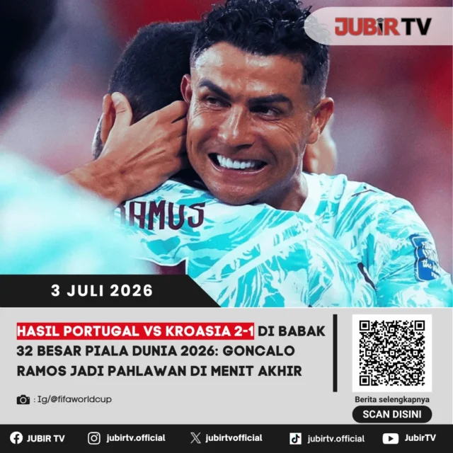Portugal memastikan tiket ke babak 16 besar Piala Dunia 2026 setelah menaklukkan Kroasia dengan skor tipis 2-1 pada laga babak 32 besar. Gonçalo Ramos menjadi pahlawan kemenangan Selecao das Quinas usai mencetak gol penentu di menit-menit akhir pertandingan.

Laga berlangsung sengit dengan kedua tim saling menekan hingga penghujung pertandingan. Namun, Portugal mampu memanfaatkan peluang krusial melalui Gonçalo Ramos untuk mengunci kemenangan dramatis. Bagaimana jalannya pertandingan, siapa saja pencetak gol, dan siapa lawan Portugal di babak 16 besar?

📌 𝐈𝐧𝐟𝐨 𝐥𝐞𝐧𝐠𝐤𝐚𝐩𝐧𝐲𝐚 𝐜𝐞𝐤 𝐝𝐢 𝐬𝐭𝐨𝐫𝐲 & 𝐬𝐨𝐫𝐨𝐭𝐚𝐧

#jubirtv #jubirtvnewscom #portugal #kroasia #goncaloramos #pialadunia2026 #worldcup2026 #selecao #beritabola #fifaworldcup #footballnews #sepakbola