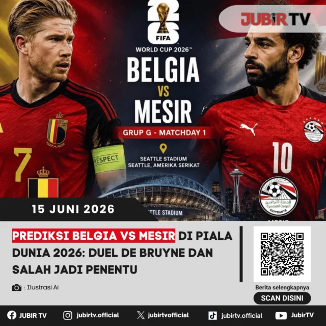 Belgia akan menghadapi Mesir pada laga perdana Grup G Piala Dunia 2026 dalam duel yang diprediksi berlangsung sengit. Sorotan utama tertuju pada pertarungan dua bintang Premier League, Kevin De Bruyne dan Mohamed Salah, yang sama-sama menjadi tumpuan negaranya untuk membuka turnamen dengan hasil positif.

De Rode Duivels sedikit lebih diunggulkan berkat pengalaman pemain seperti De Bruyne, Romelu Lukaku, dan Thibaut Courtois. Namun, Mesir bukan lawan yang bisa dipandang sebelah mata. The Pharaohs datang dengan kepercayaan diri tinggi serta mengandalkan ketajaman Salah dan Omar Marmoush untuk mencuri poin penting di laga pembuka. Tiga poin dari pertandingan ini bisa menjadi modal besar dalam perebutan tiket ke fase gugur Grup G.

📌 𝐈𝐧𝐟𝐨 𝐥𝐞𝐧𝐠𝐤𝐚𝐩𝐧𝐲𝐚 𝐜𝐞𝐤 𝐝𝐢 𝐬𝐭𝐨𝐫𝐲 & 𝐬𝐨𝐫𝐨𝐭𝐚𝐧

#jubirtv #jubirtvnewscom #pialadunia2026 #belgia #mesir #kevindebruyne #mohamedsalah #romelulukaku #omarmarmoush #fifaworldcup #prediksibola #worldcup2026