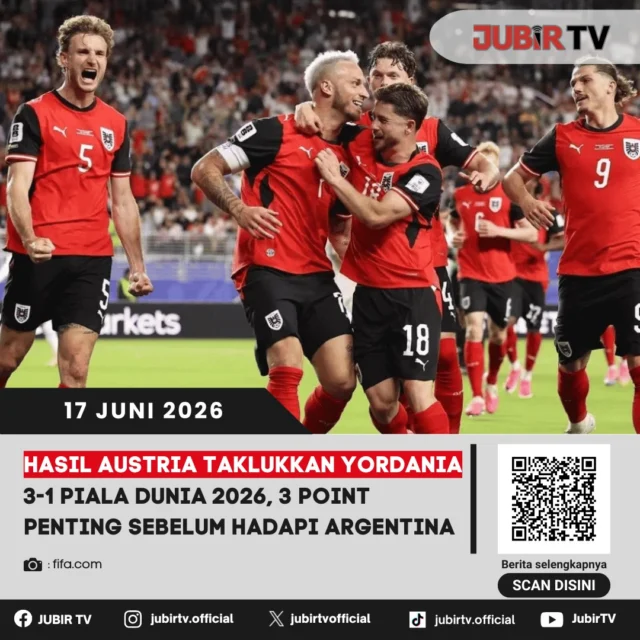Austria sukses mengawali langkah di Piala Dunia 2026 dengan kemenangan 3-1 atas Yordania pada laga perdana Grup H. Hasil ini menjadi modal penting bagi Das Team sebelum menghadapi tantangan yang lebih berat melawan Argentina di pertandingan berikutnya.

Meski berstatus debutan, Yordania sempat memberikan perlawanan dan menunjukkan semangat juang tinggi. Bagaimana jalannya pertandingan hingga Austria berhasil mengamankan tiga poin penting?

📌 𝐈𝐧𝐟𝐨 𝐥𝐞𝐧𝐠𝐤𝐚𝐩𝐧𝐲𝐚 𝐜𝐞𝐤 𝐝𝐢 𝐬𝐭𝐨𝐫𝐲 & 𝐬𝐨𝐫𝐨𝐭𝐚𝐧

#jubirtv #jubirtvnewscom #pialadunia2026 #austriavsyordania #austria #yordania #dasteam #marcelsabitzer #fifaworldcup #hasilpertandingan #worldcup2026 #beritabola